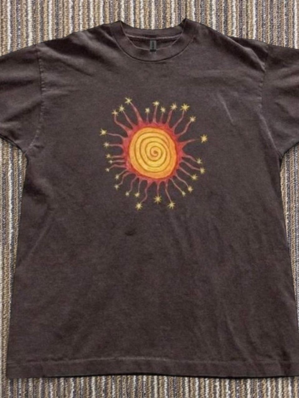 Gildan Black Tee with Yellow and Red Sun Spiral Graphic